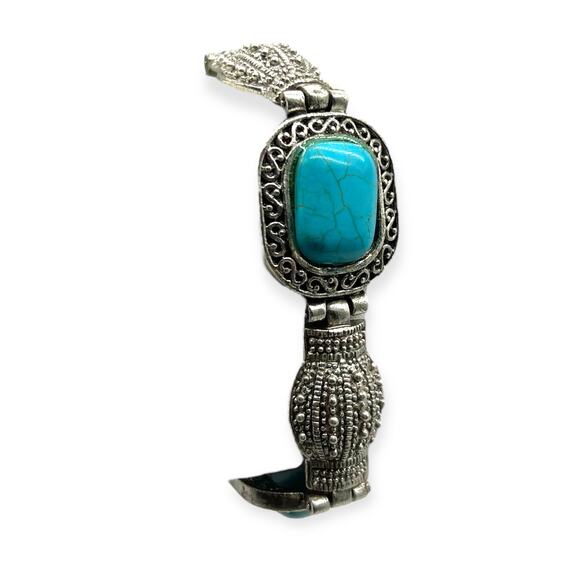 Vintage Balinese Bracelet Turquoise Blue Silver Square Shape Precious Howlite - Picture 4 of 13